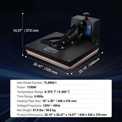 Warmtepers – Hittepers – Transferpers – Sublimatiepers – Textielpers – Groot Werkoppervlak 16x20 Inch – Nauwkeurige Digitale Bediening