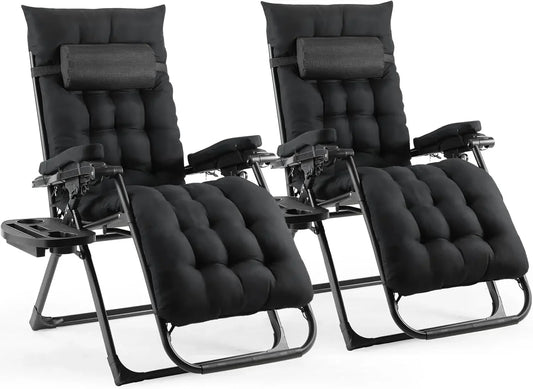 Ligstoel - Tuinstoelen - Strandstoel - Klapstoel - Zero Gravity - Opvouwbare - Draagvermogen van 160KG - Verstelbare met Verwijderbare Kussen, Hoofdsteun en Kopjeshouder m- Tuinset – Campingstoel – Tuinstoel – 2 Stuks - Zwart