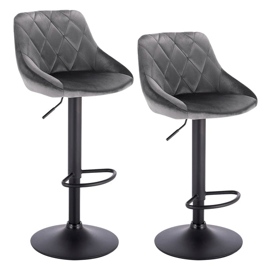 Verstelbare barkruk – Stoel - Barkruk - Rugleuning - Set Van 2 - Barkrukken met Rugleuning – Lederen - Velvet Zitting - Instelbaar met Voetsteun - Donkergrijs Velvet - QUORE
