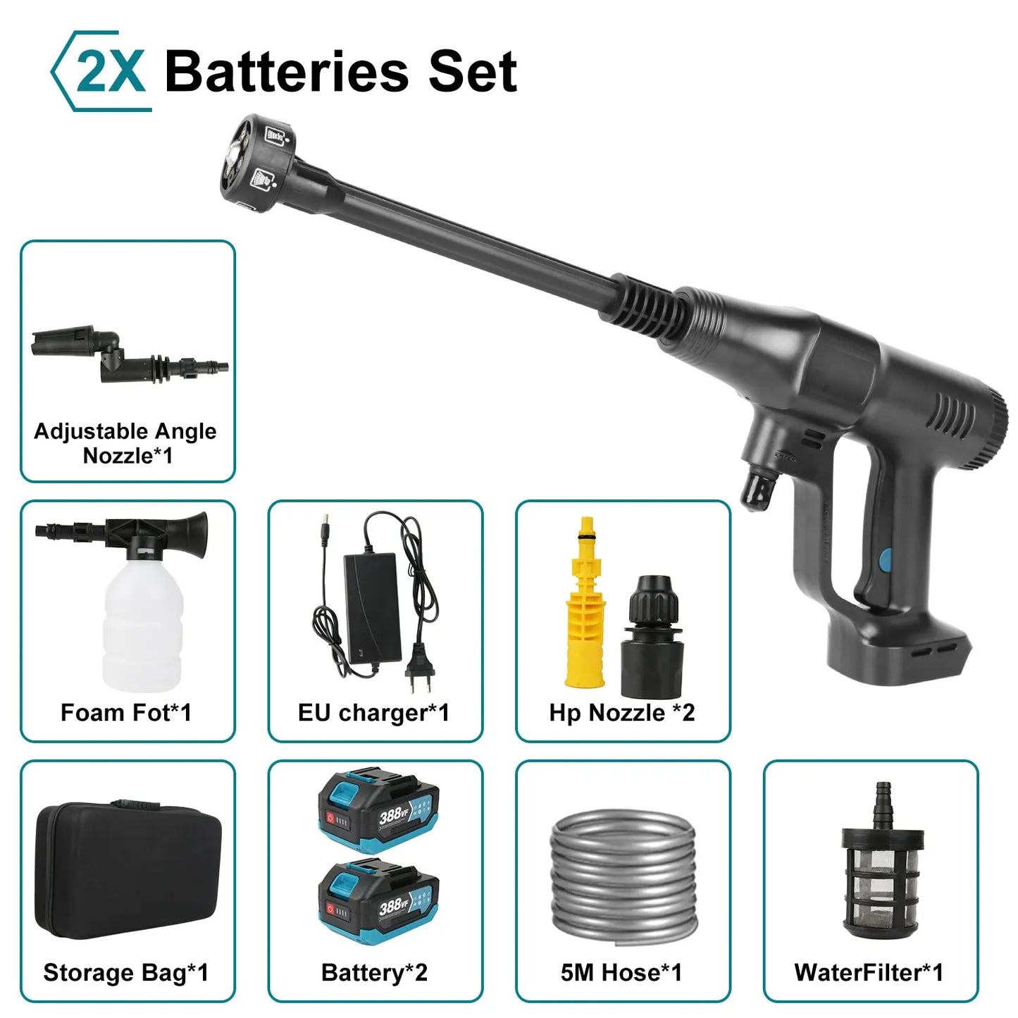 Hogedruk Auto Wasmachine -  Hogedruk Waterpistool - Hogedrukreiniger - Hogedrukspuit - Draadloze - 200Bar - Auto-Wasser - Brushless - 6IN1 - 18V - 2 Batterij - Zwart