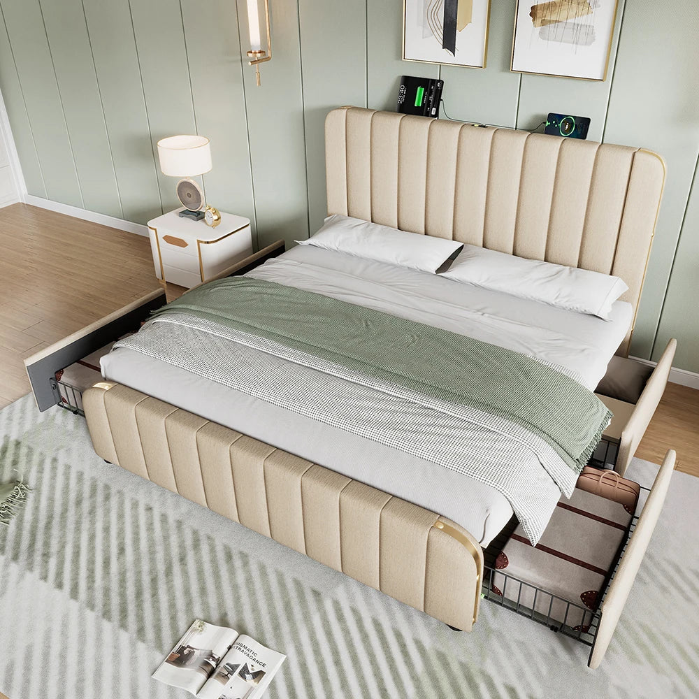 Tweepersoonsbed – Bed – Slaapbed – Boxspring – Bedframe – Beige Linnen – 180x200 cm – Geïntegreerde USB en Type-C Oplaadpunten – 4 Ruime Opberglades