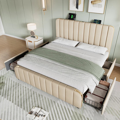 Tweepersoonsbed – Bed – Slaapbed – Boxspring – Bedframe – Beige Linnen – 180x200 cm – Geïntegreerde USB en Type-C Oplaadpunten – 4 Ruime Opberglades