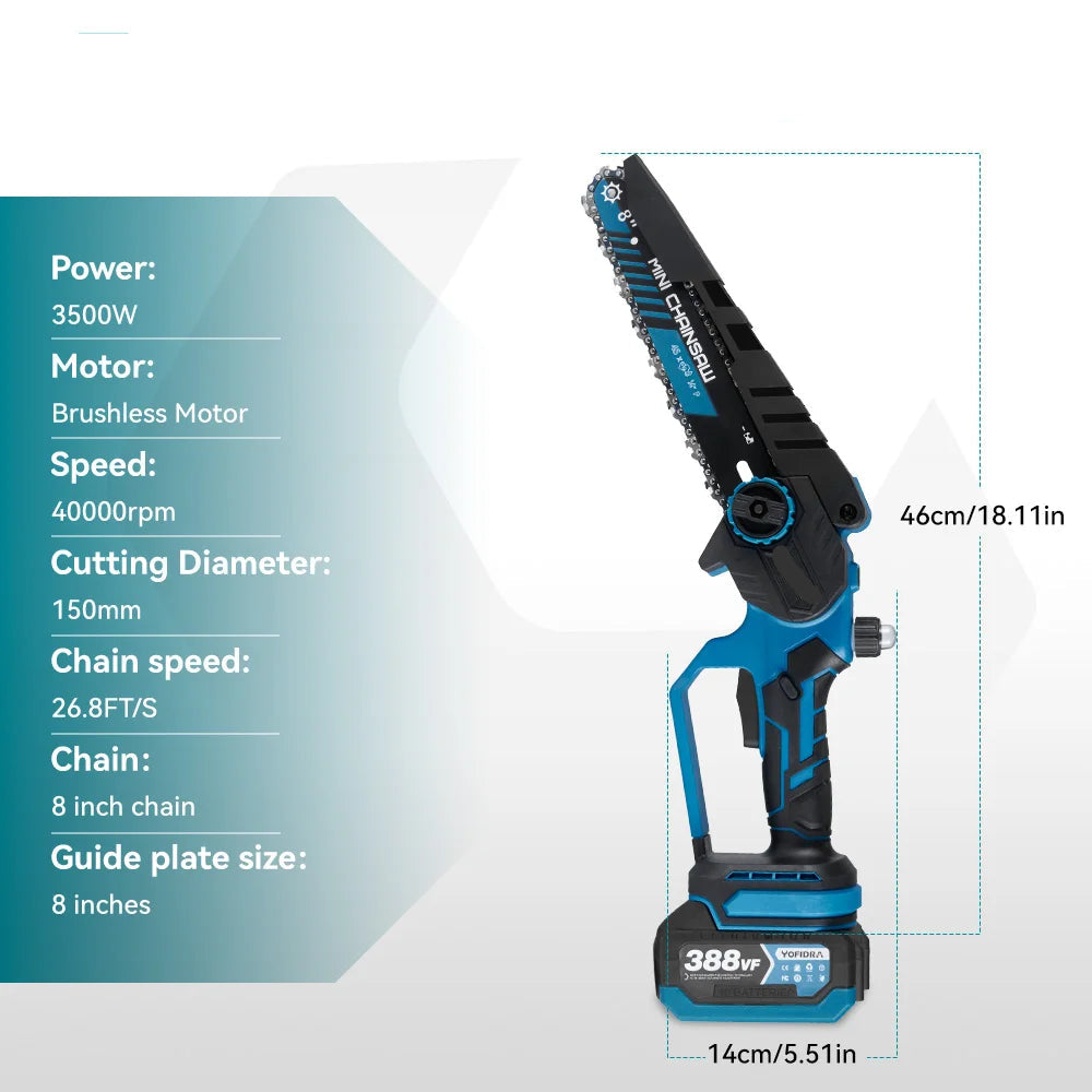 Kettingzaag - Snoeizaag - Takkenzaag - Handzaag - Draadloze - Elektrische - 8 Inch - Brushless Motor – 3500W - Zaagmachine – Inclusief 2x 18V Accu’s (EU Plug)