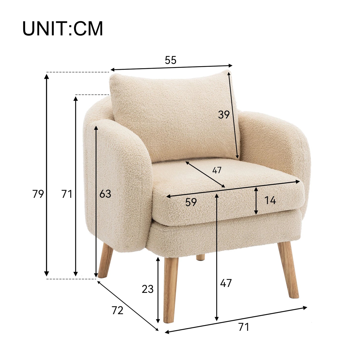 Fauteuil – Teddyvelours Stoel – Lounge Stoel – Relaxfauteuil – Zachte Bekleding – 14 Cm Dikke Zitting – Houten Constructie - 71 x 72 x 79 cm - Beige