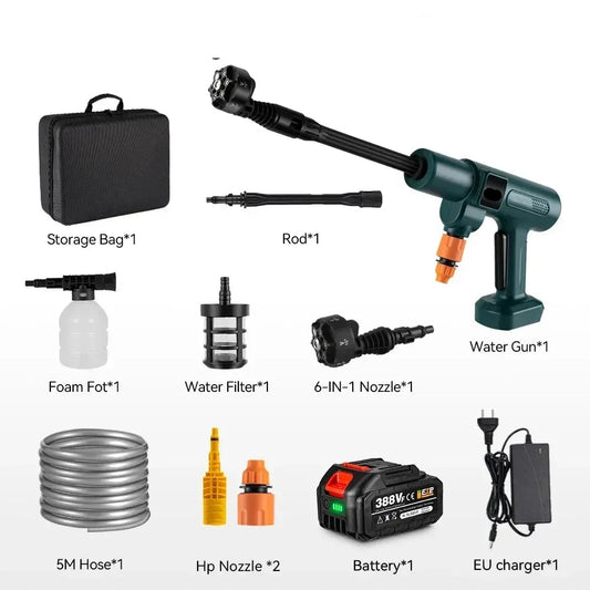 Hogedrukreiniger - Terrasreiniger - Hogedruk - Waterpistool - Draadloze - Elektrische - 200 Bar - 3500W - 6-in-1 Spuitkop - Pressure Washer - voor Auto en Tuin - Geschikt voor 18V Batterijen - inclusief 1 Accu