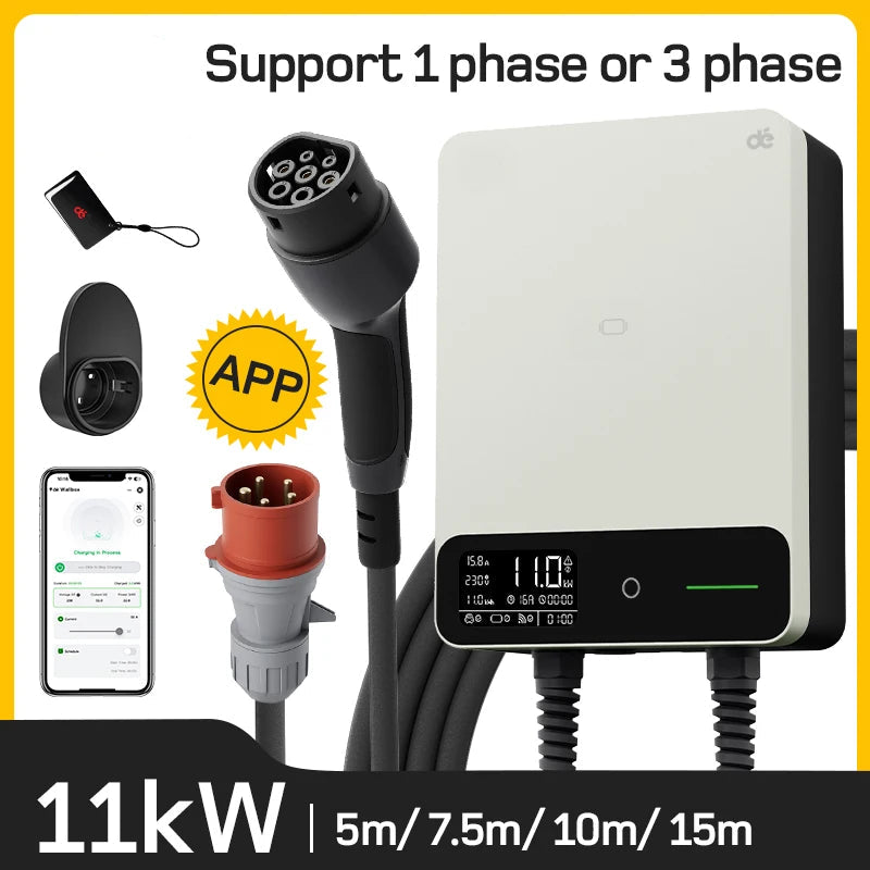 Wallbox 11kW White – Elektrische Autolader – EV Oplaadstation – Laadpaal – Thuislader – 10m Type 2 Kabel – 3-Fase Snelladen – Weerbestendig IP54