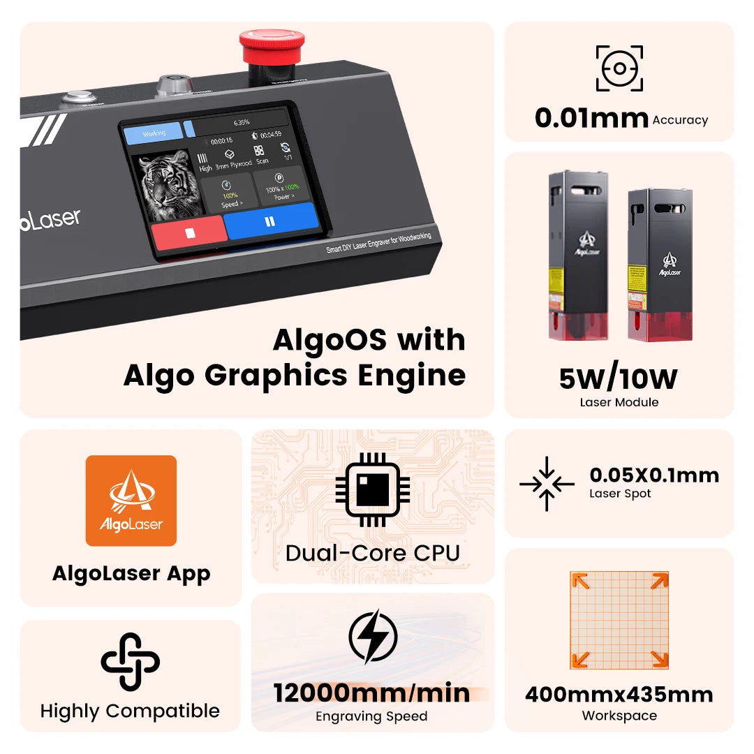 AlgoLaser Laser Engraver DIY MK2 10W 3.5” Color Touch Screen App Offline Control DIY Engraver Tool for Metal/Glass/Wood Engrave - QUORE