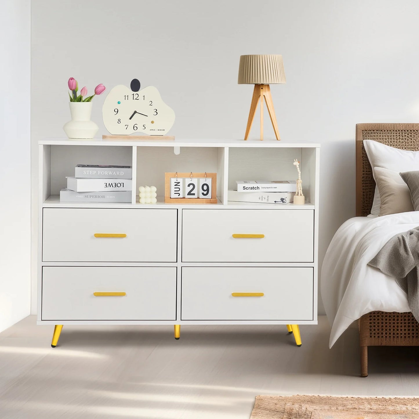 4-Ladekast – Ladekast Met Open Vakken – Opberger – Meubelstuk – Massief Hout – 4 Lades – 3 Open Vakken - Wit