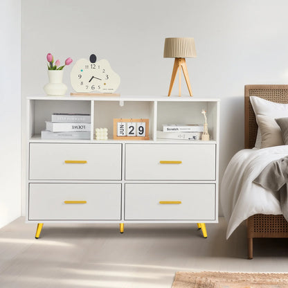 4-Ladekast – Ladekast Met Open Vakken – Opberger – Meubelstuk – Massief Hout – 4 Lades – 3 Open Vakken - Wit