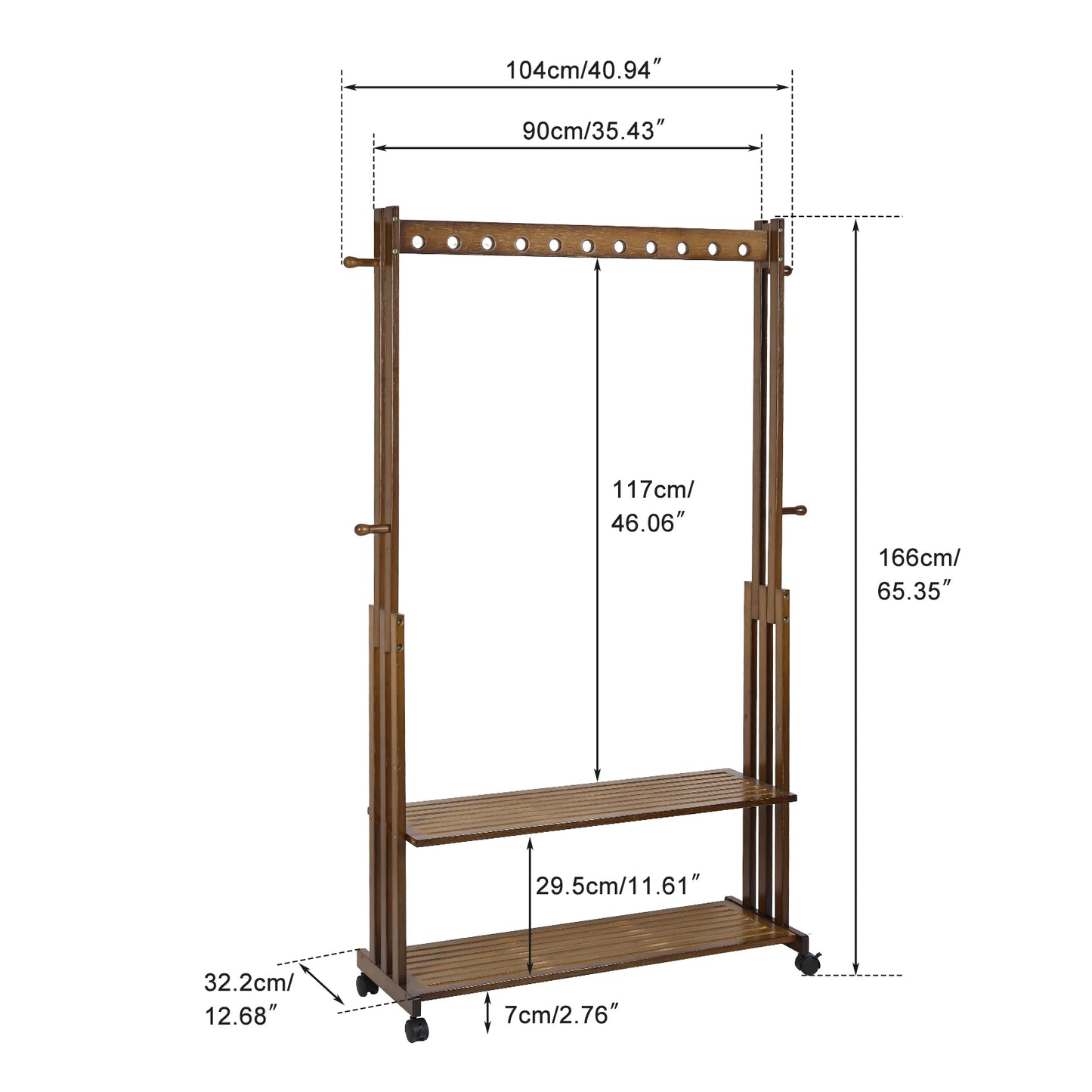 Bamboe Kledingrek - Kledingstandaard - Met-Wielen-Plank-Coatstand - Schoenenrek - Hout - Walnootkleur