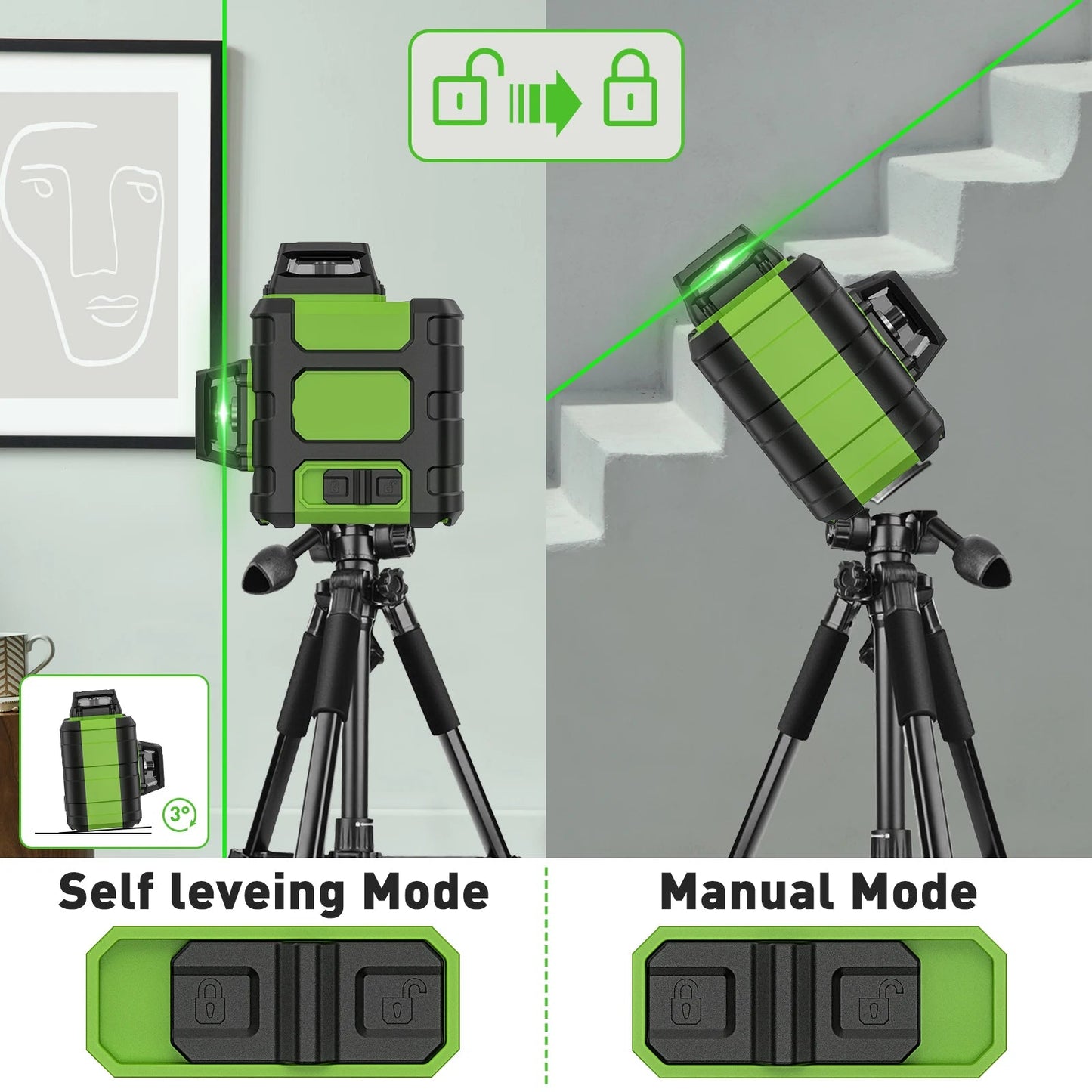 Laserwaterpas – Laserniveau – Kruislijnlaser – Zelfnivellerend – Groene Laser – 12 Lijnen 3x360° – USB Type-C Opladen
