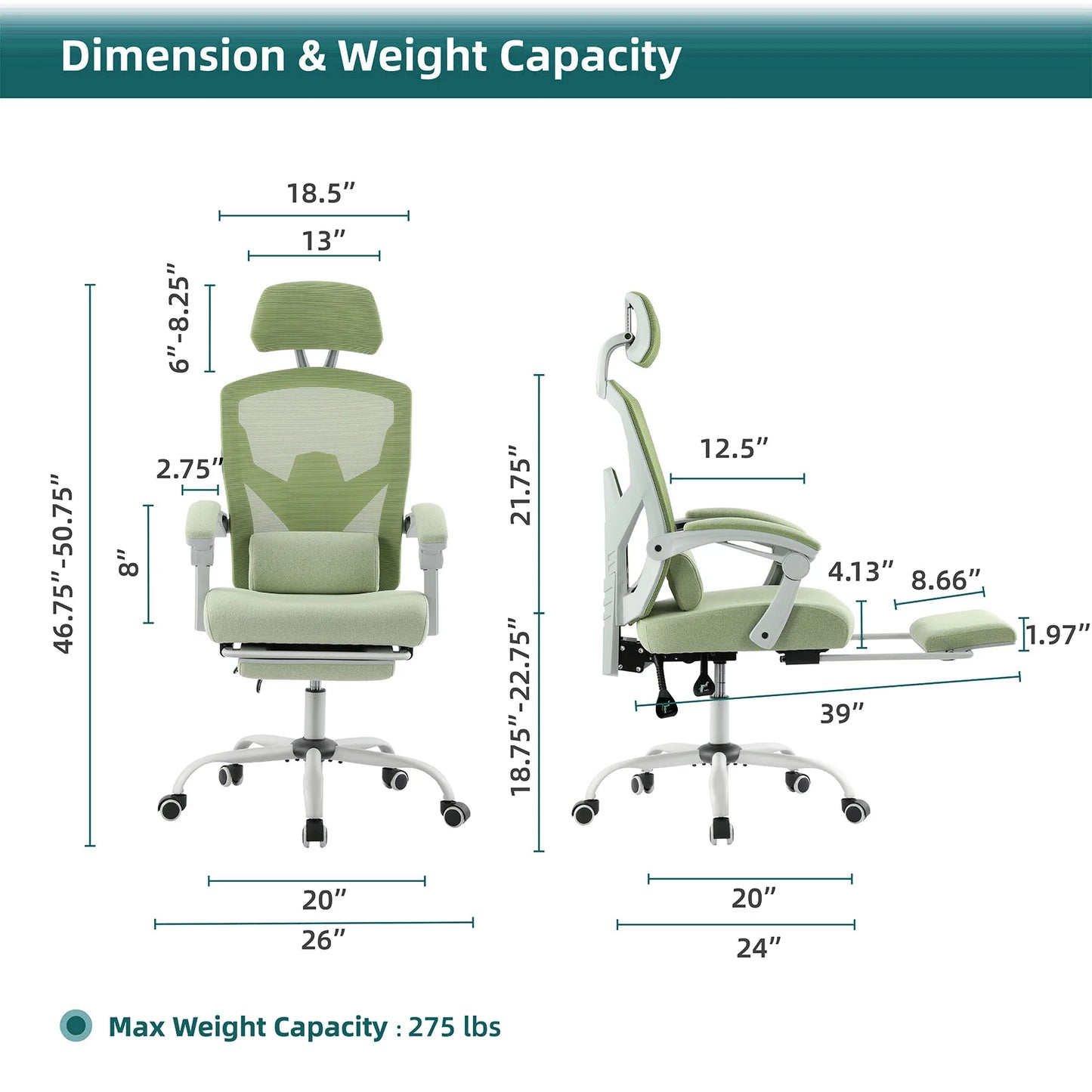 Ergonomische Bureaustoel - Stoelen - Gaming Stoel - Wipfunctie - Draaistoel - Verstelbare Hoofdsteun - Lendensteun - 125kg Draagkracht -  Lichtgroen