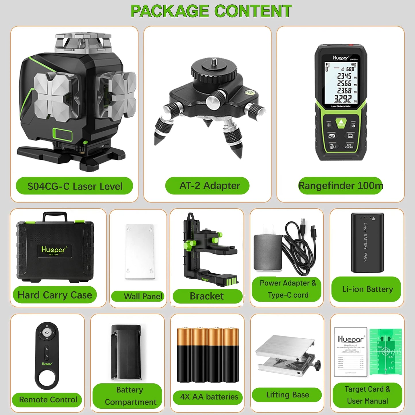 Huepar S04CG 16 lines 4D Cross Line Laser Level LCD Screen Bluetooth Remote Control Green Laser Tools With Adapter & Rangefinder