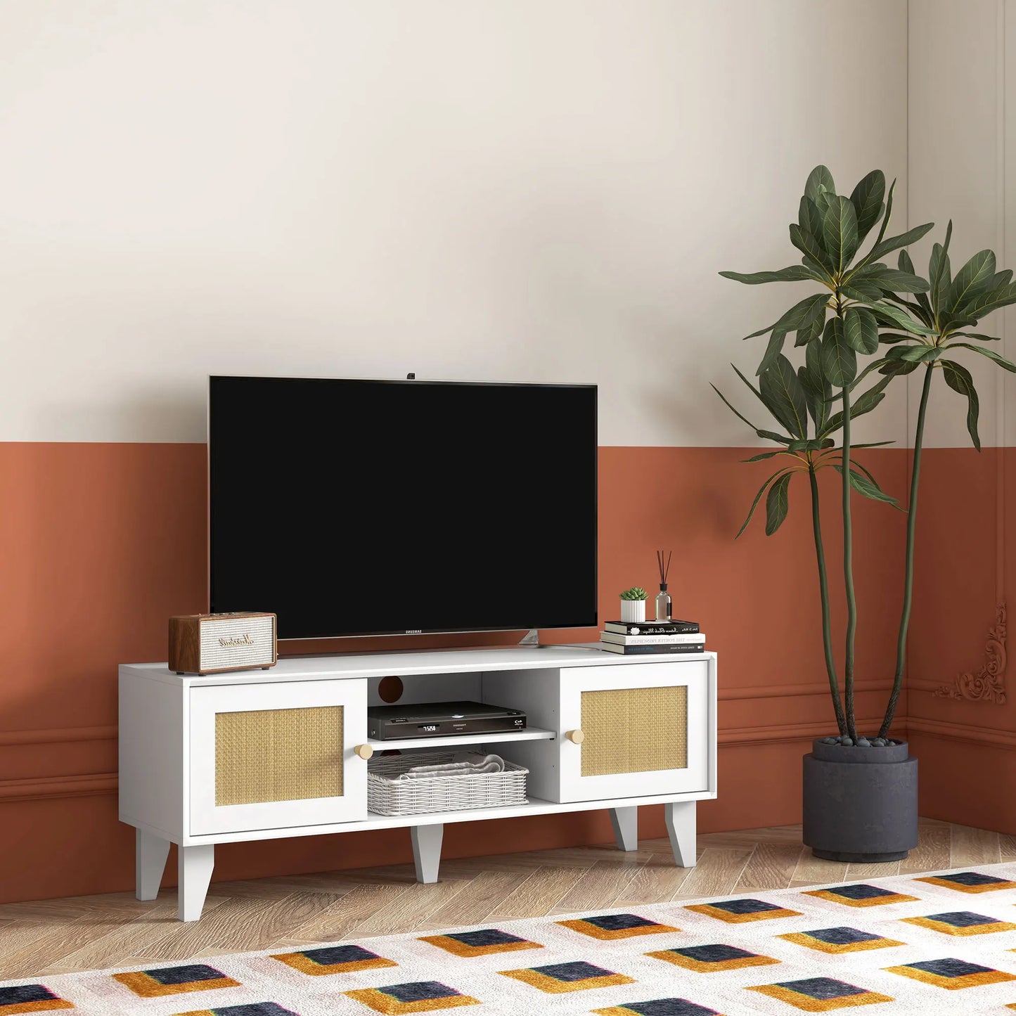 Tv-Meubel – Tv-Kast – Tv-Meubel Met Opbergruimte – Woonkamermeubel – Voor Tv Tot 55 Inch – Handgevlochten Rattan Deuren - QUORE