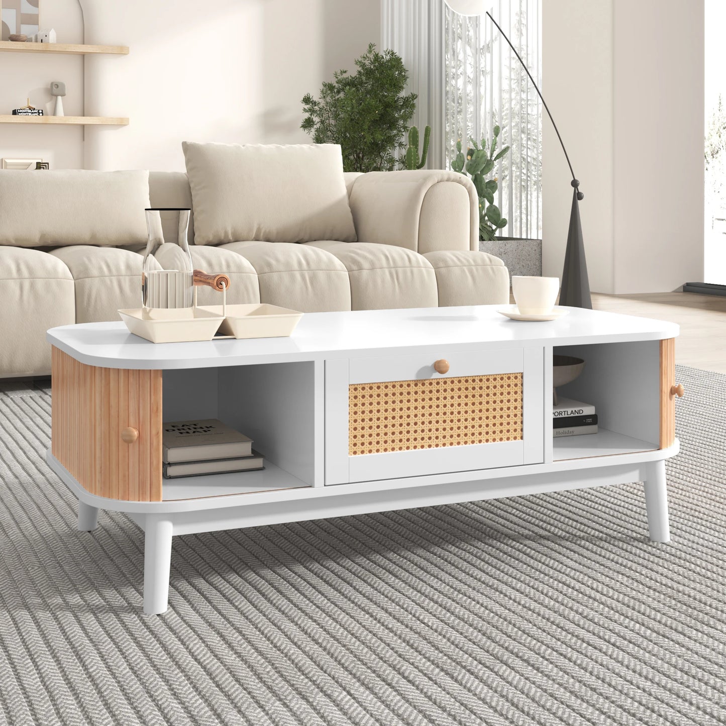 Salontafel – Rattan Salontafel – Houten Tafel – Koffietafel – Woonkamer Tafel – Met Handgemaakte Massief Houten Schuifdeuren – Ruime Opbergruimte en Natuurlijke Walnotenkleur