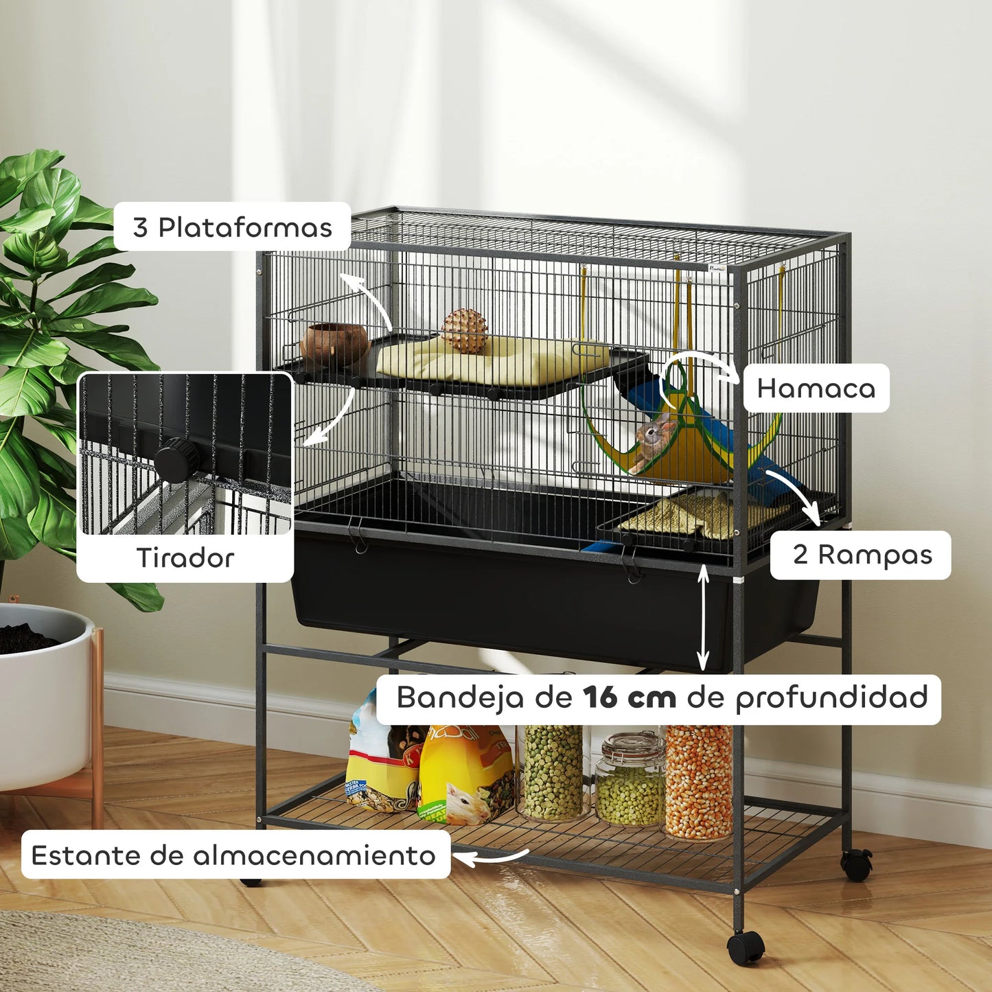 Dierenkooi – Kleine Dierkooi – Konijnenkooi – Fretkooi – Chinchillakooi – 3-Laags Met Vier Wieltjes – Diepe Uitneembare Bak - 88 x 48 x 102 cm - Donkergrijs