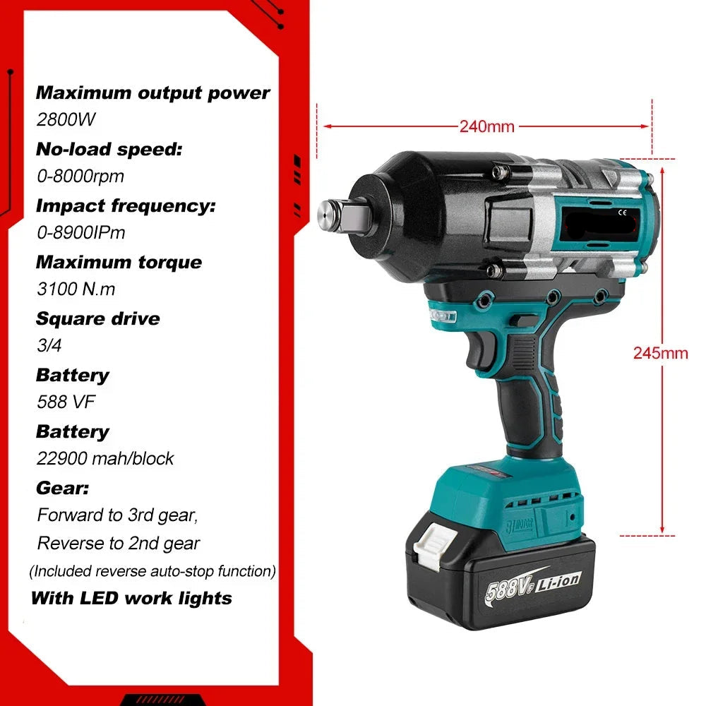 Slagmoersleutel - met Accu - Slagschroevendraaier - Brushless - 3100Nm Draadloze - 3/4 Inch - Elektrische Wrench - 18V Batterij - Handgereedschap - Zonder Batterij