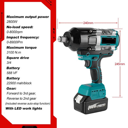 Slagmoersleutel - met Accu - Slagschroevendraaier - Brushless - 3100Nm Draadloze - 3/4 Inch - Elektrische Wrench - 18V Batterij - Handgereedschap - 2 Batterij