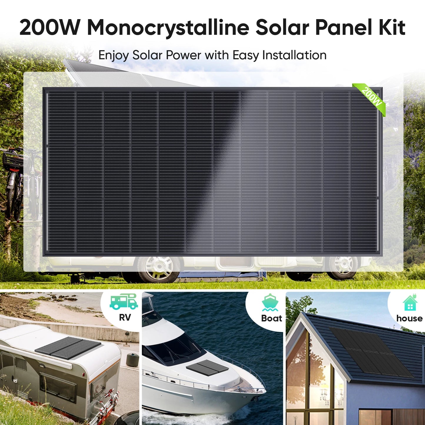 Monokristallijn Zonnepaneel – Solar Paneel – Zonnecel Pakket – Zonne-energie Paneel – 200W 12 Volt – Hoog Rendement 24% – Robuust Weerbestendig Frame