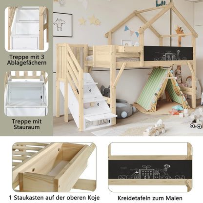 Kinderbed – Bed – Eenpersoonsbed – Kinderbedframe – Bed Met Opbergruimte – Uniek Dakontwerp – Trap Met 3 Opbergkasten – Voor Matras 90x200 CM