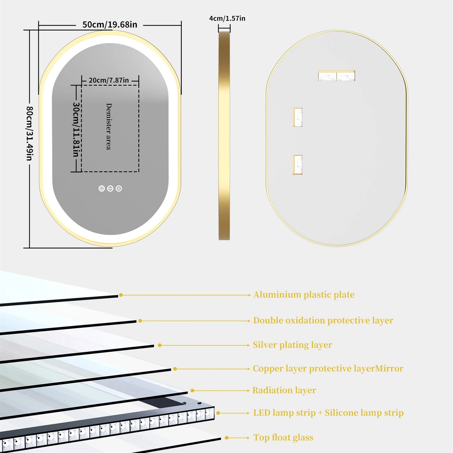 Badkamerspiegel - Spiegel - Spiegel met Verlichting - Smart Spiegel - Gouden Ovale LED Badkamerspiegel - 50x80CM - Verlichte Anti-condens Make-up Spiegel met Dimbare Smart Touch Functie