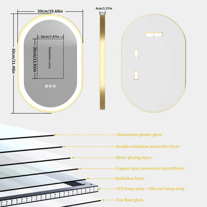 Badkamerspiegel - Spiegel - Spiegel met Verlichting - Smart Spiegel - Gouden Ovale LED Badkamerspiegel - 50x80CM - Verlichte Anti-condens Make-up Spiegel met Dimbare Smart Touch Functie