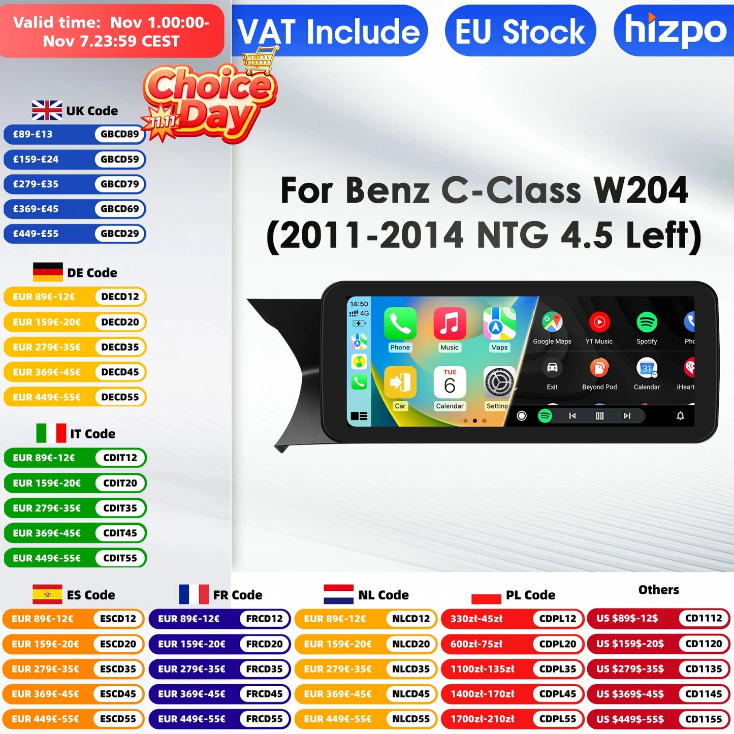 Hizpo Carplay 4G AI Systems Android 13 Car Radio for Mercedes Benz C-Class W204  Multimedia Video Player GPS Autoradio Bluetooth