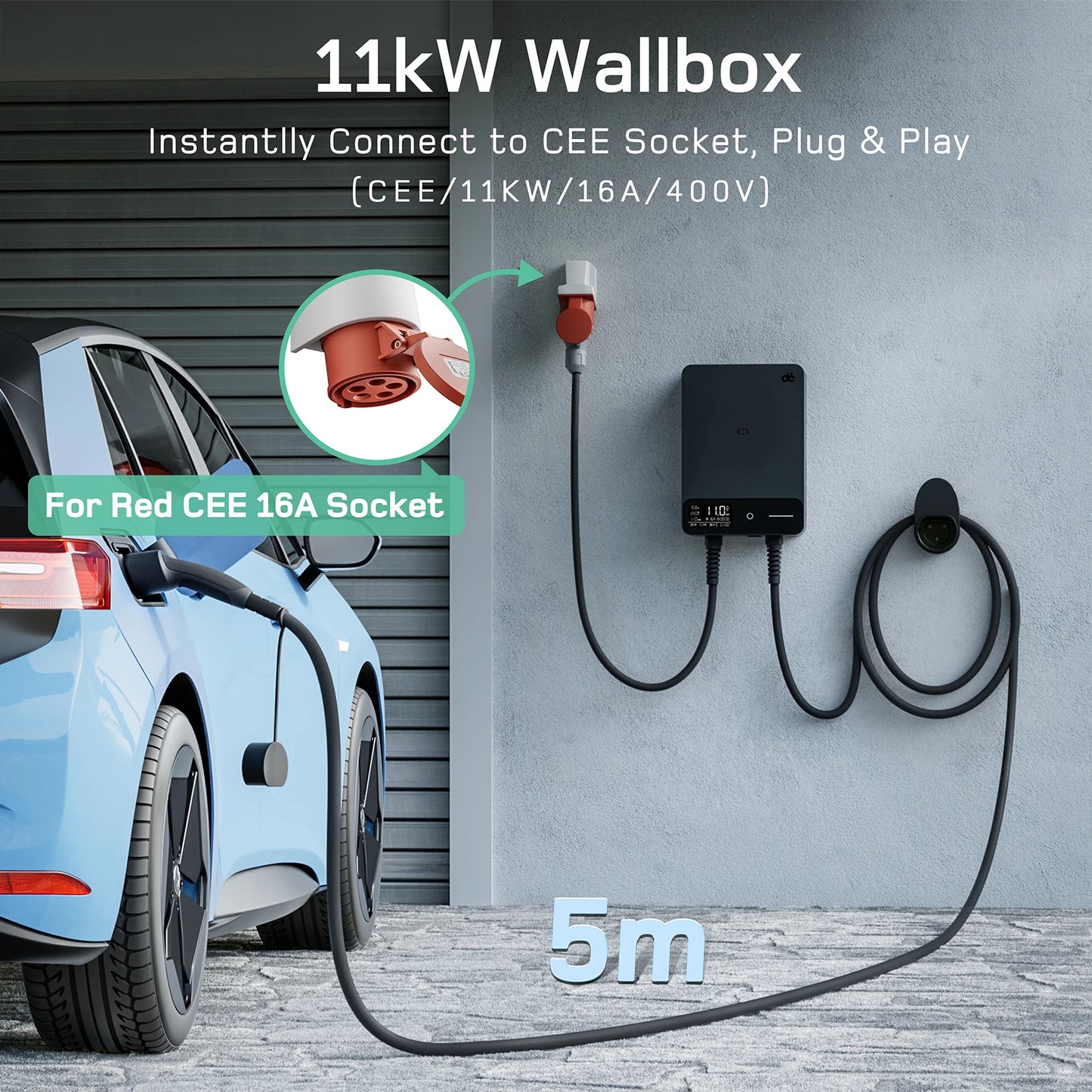 Wallbox 11kW – EV Laadstation – Elektrische Autolader – Oplaadpunt – Laadpaal – 7,5 Meter Type 2 Kabel – Plug & Play Met Tuya App En LED-scherm - QUORE