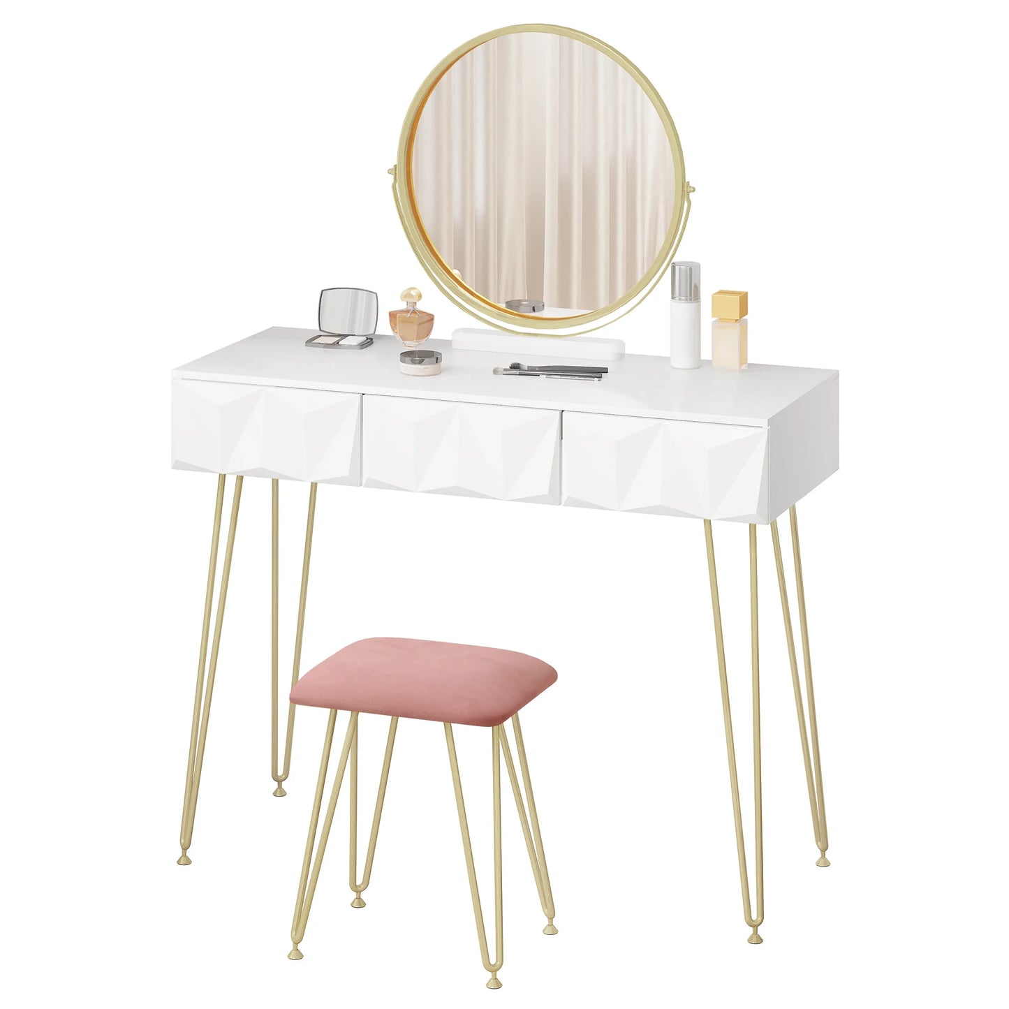Kaptafel – Make-up Tafel – Visagie Tafel – Schminktafel – Dressoir – Wit – 360° Draaibare Spiegel – Fluwelen Kruk