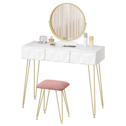 Kaptafel – Make-up Tafel – Visagie Tafel – Schminktafel – Dressoir – Wit – 360° Draaibare Spiegel – Fluwelen Kruk