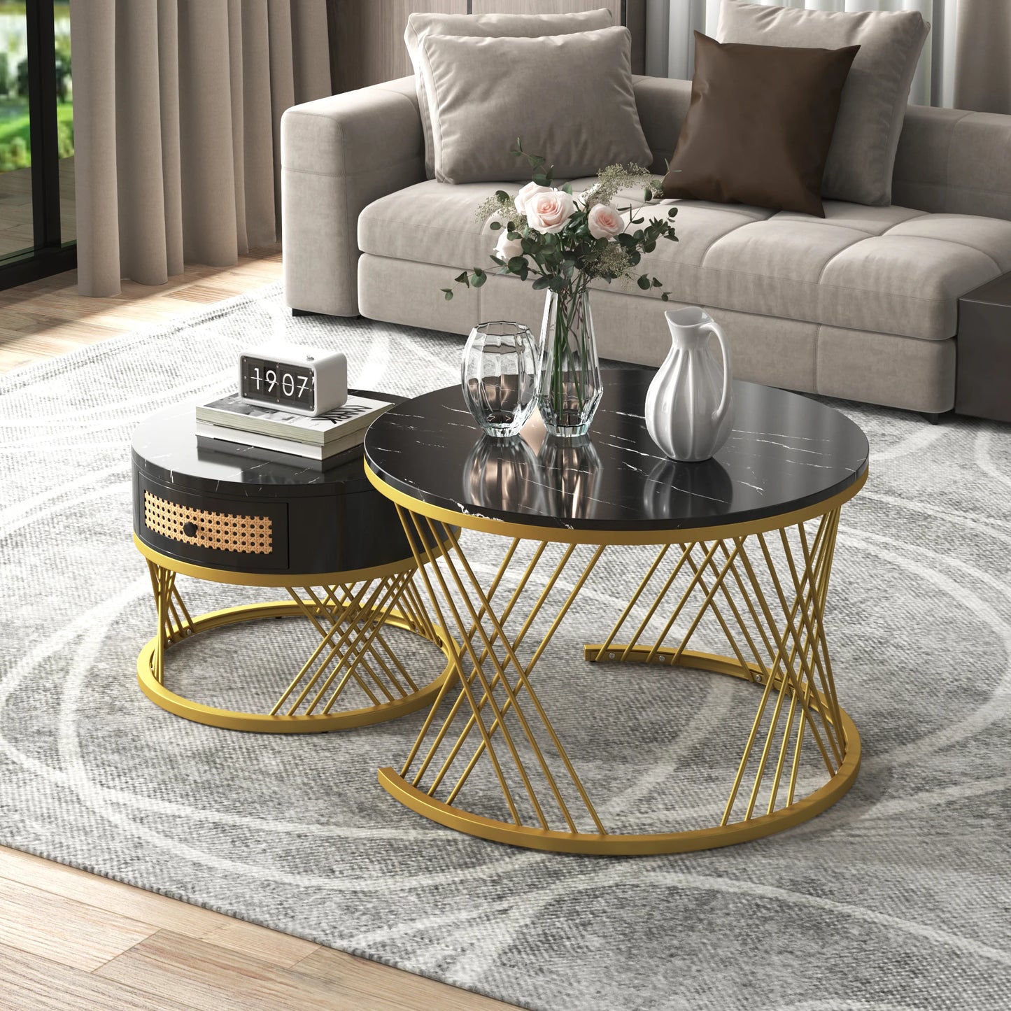 Salontafel – Bijzettafel – Opbergtafel – Woonkamertafel – Compact – Marmerlook Blad – Opberglade - Wit