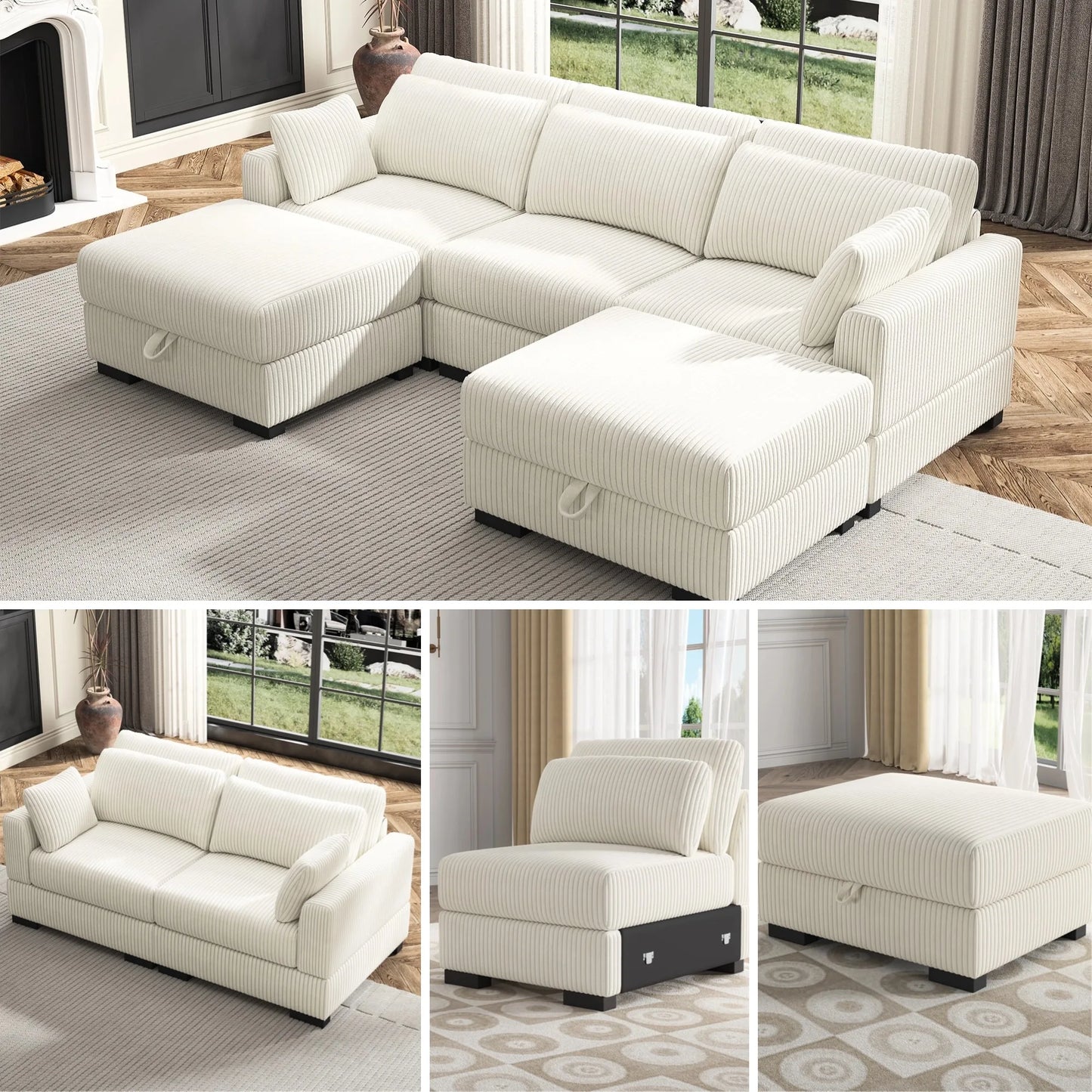 Modulaire Eénzitsbank – Loungestoel – Zitzak – Sessel – Corduroy Stof – Houten Poten – Verstelbare Hoofdsteun - 74 x 88 x 85 cm - Beige