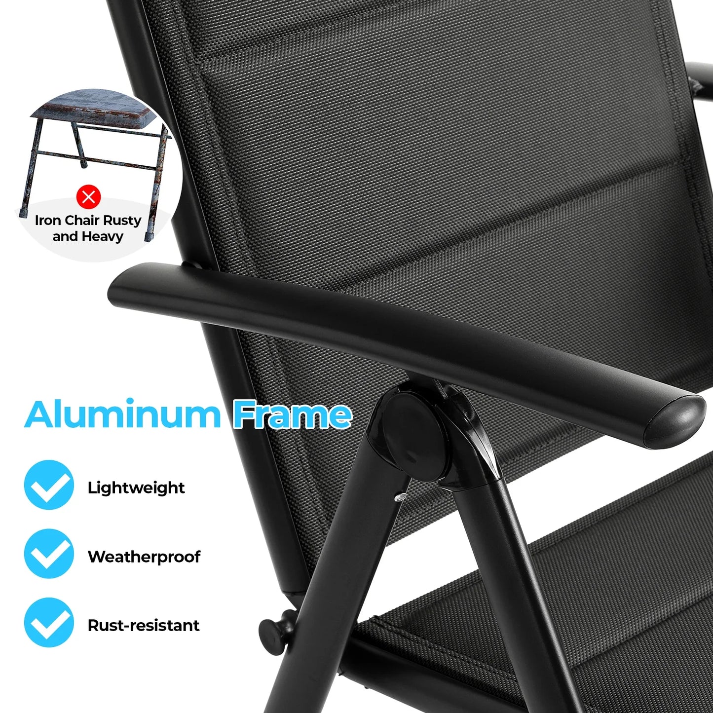 Tuinstoelen - Strandstoel - Klapstoel – Opvouwbare - Tuinstoel met 7 Verstelbare Rugsteunen, Armleuningen, Weerbestendig Aluminium Frame –  Draagvermogen van 120 kg - Tuinset – Campingstoel – 2 Stuks - Zwart