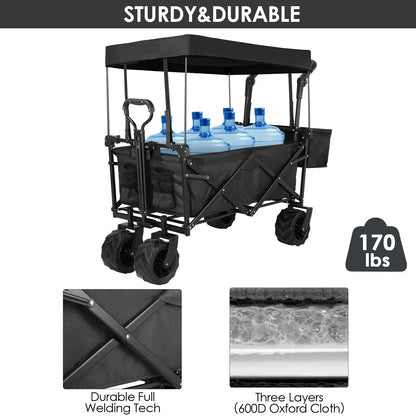Bolderkar - Bolderwagen - Opvouwbare - met Afneembare Luifel - Tuinkar - Tuinwagen - Tuintrolley voor Strand, Camping of Caravan - Laadvermogen 75kg - 262L - Grijs