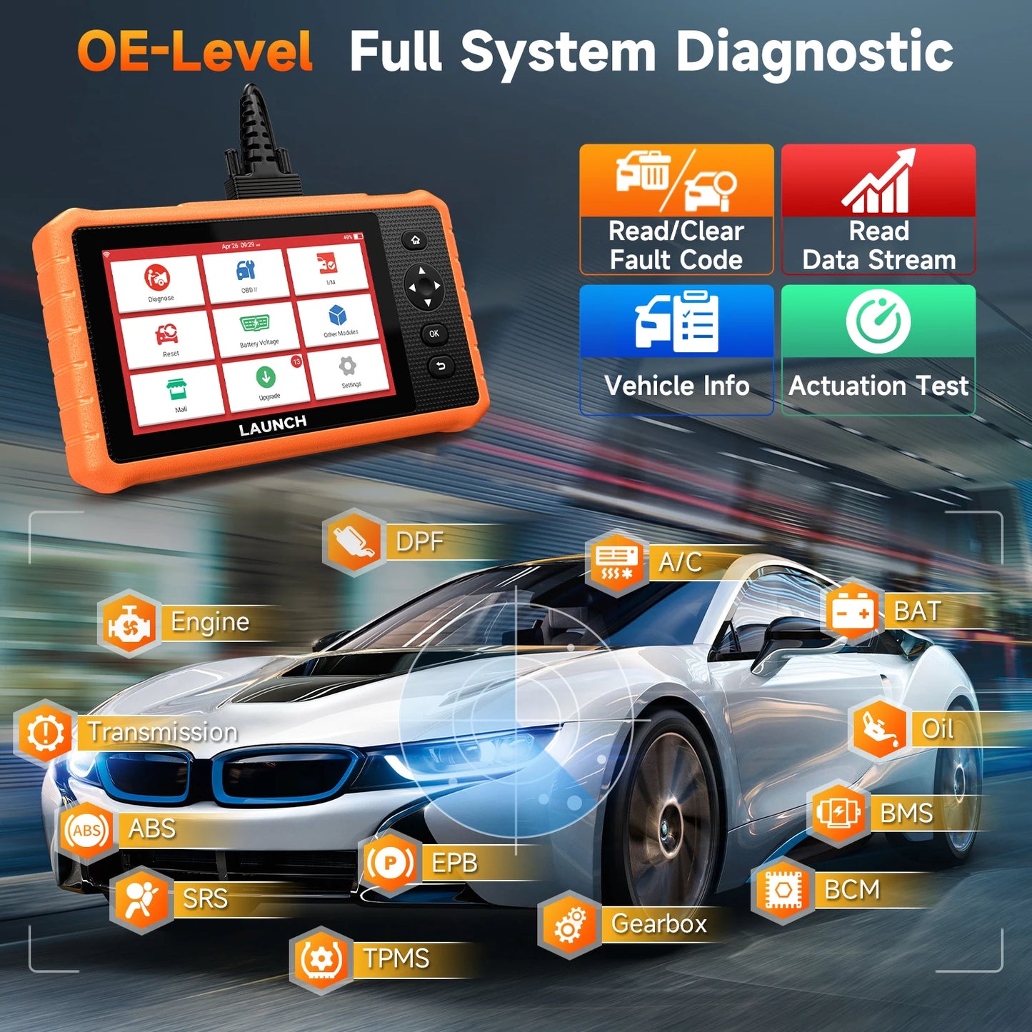 OBD2 Scanner – Diagnosetool – Motordiagnose – DPF Reset – TPMS Ondersteuning – Volledige Systeemdiagnose – Gratis Software Updates