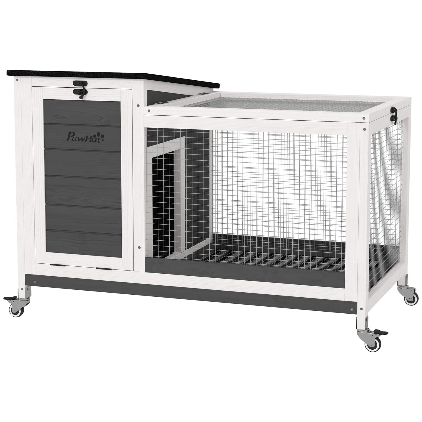 Houten Dierenren – Buitenren – Konijnenhok – Kleine Dierenhok – Waterbestendig Dak – Uitneembare Lade - 91 x 51 x 66 cm - Wit & Donkergrijs - QUORE