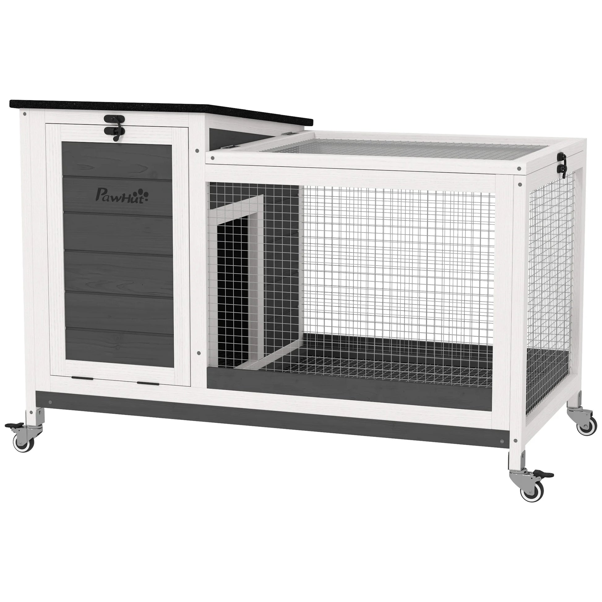 Houten Dierenren – Buitenren – Konijnenhok – Kleine Dierenhok – Waterbestendig Dak – Uitneembare Lade - 91 x 51 x 66 cm - Wit & Donkergrijs - QUORE