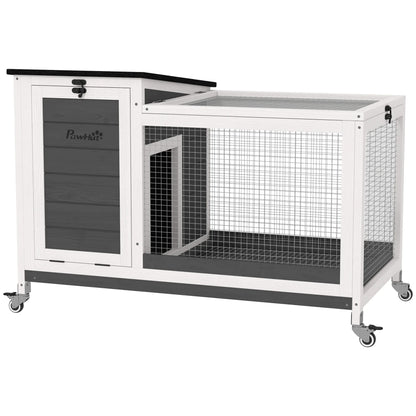 Houten Dierenren – Buitenren – Konijnenhok – Kleine Dierenhok – Waterbestendig Dak – Uitneembare Lade - 91 x 51 x 66 cm - Wit & Donkergrijs - QUORE