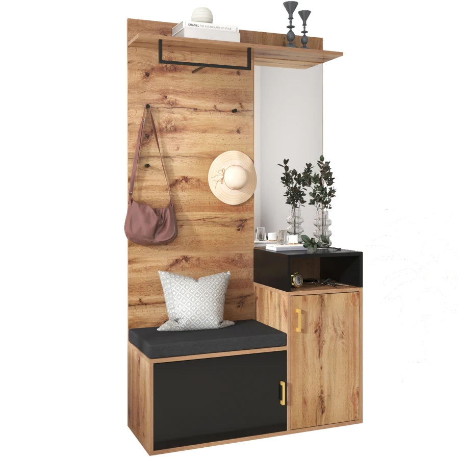 Kledingkastset - Halmeubel - Zwart en Hout - Met Spiegel - Schoenenkast - Kledinghangers - Gangbank - Wandkast - Schoenenorganizer