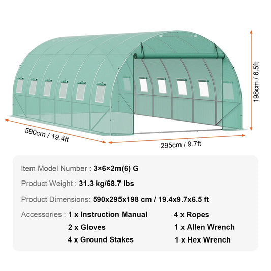 Walk-in Tunnelkas - Tuinkas - Tunnelserre - Grote - Stalen Frame - Weerbestendige - met Vensters - Voor Tuin - en Kleine Boerderij - 20x10x7ft - Groen