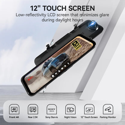 Dashcam Spiegel - Dashcam voor Auto – 12" - Touchscreen – 2.5K Achtercamera – GPS – Nachtzicht – Parkeermodus – WDR – 170° Groothoek