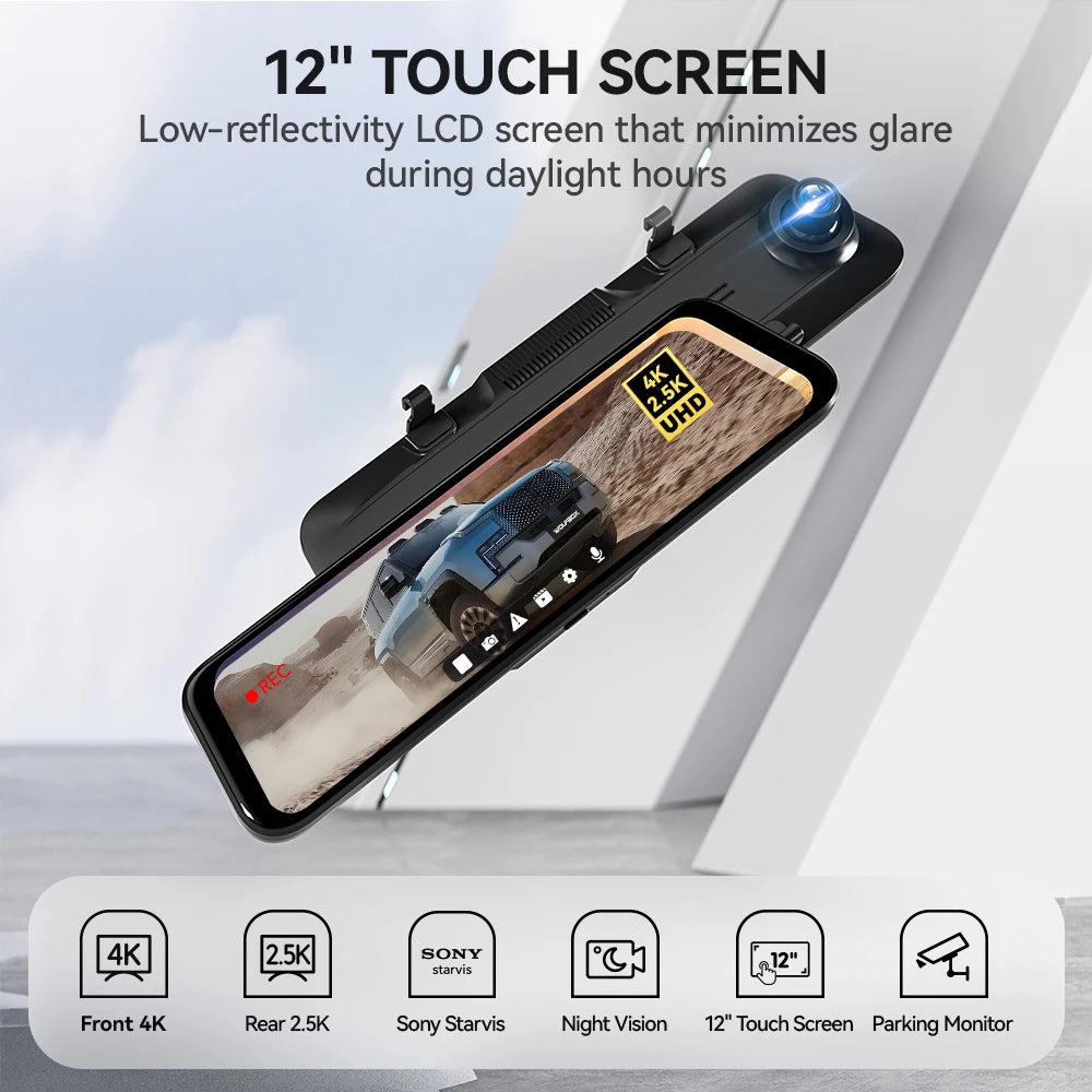 Dashcam Spiegel - Dashcam voor Auto – 12" - Touchscreen – 2.5K Achtercamera – GPS – Nachtzicht – Parkeermodus – WDR – 170° Groothoek - Hardwire-kit