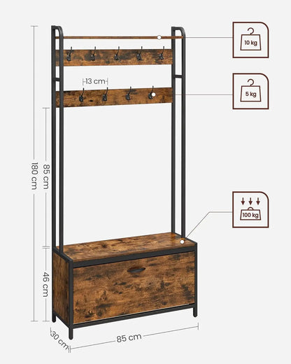 Multifunctionele Kapstok met Schoenenkast en Bank - 9 Haken - Opbergrek voor Hal - Vintage Bruin en Zwart Design - Robuuste Stabiele Kledingstandaard met Plank en Vouwcompartiment