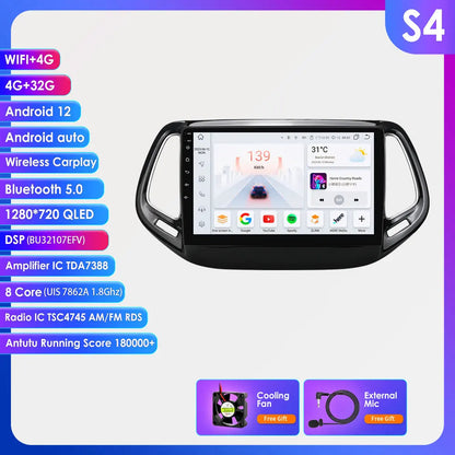 Hizpo Car Android 14 for Jeep Compass 2017 -2020 Auto Radio Multimedia Player GPS Navigation Carplay Stereo 4G BT No 2din DVD AI