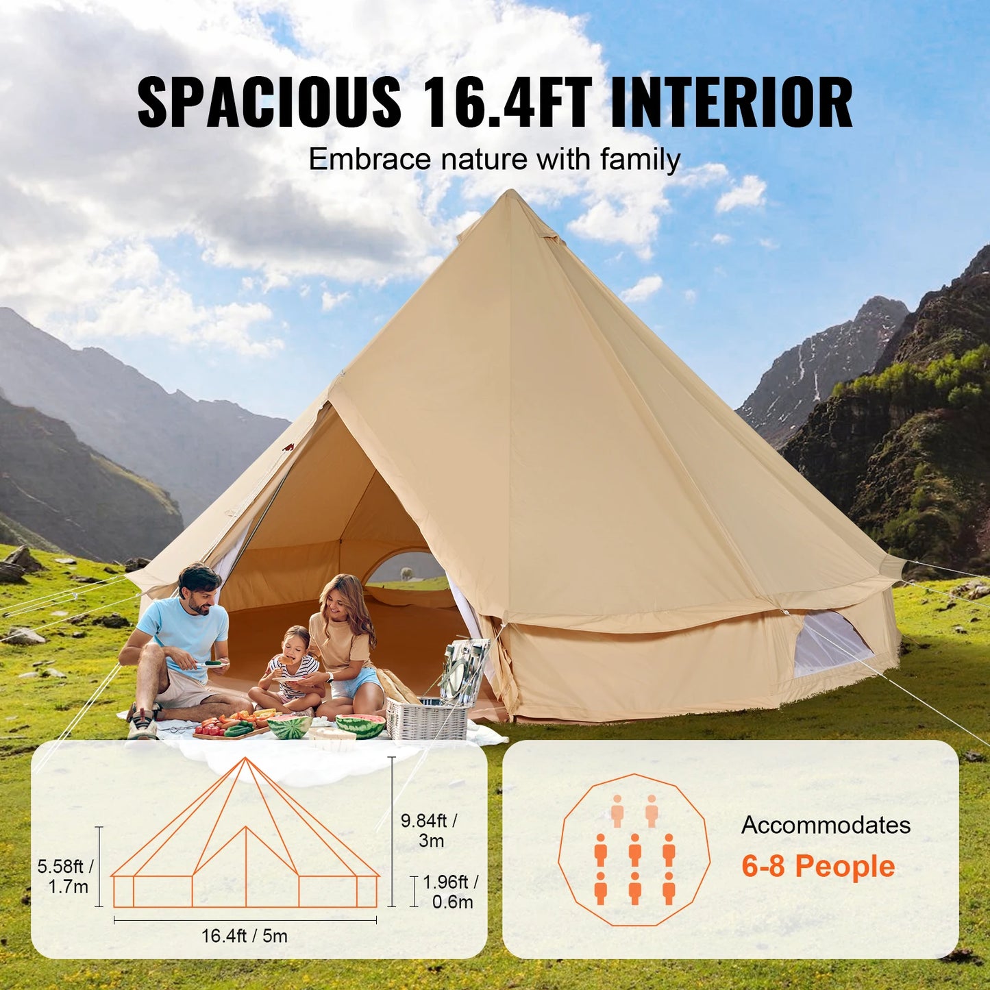 Canvas Bell Tent - Tent - Pop up tent- Kampeertent - 5M Diameter – Tipi tent - 4-Seizoenen Gebruik – Ademend & Waterdicht – Inclusief Kachelopening – Geschikt voor Kamperen & Outdoor