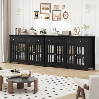Sideboard – Dressoir – Buffetkast – Opbergkast – Kast – Zwart – 140x40x91 cm – Verstelbare Planken & Glazen Deuren