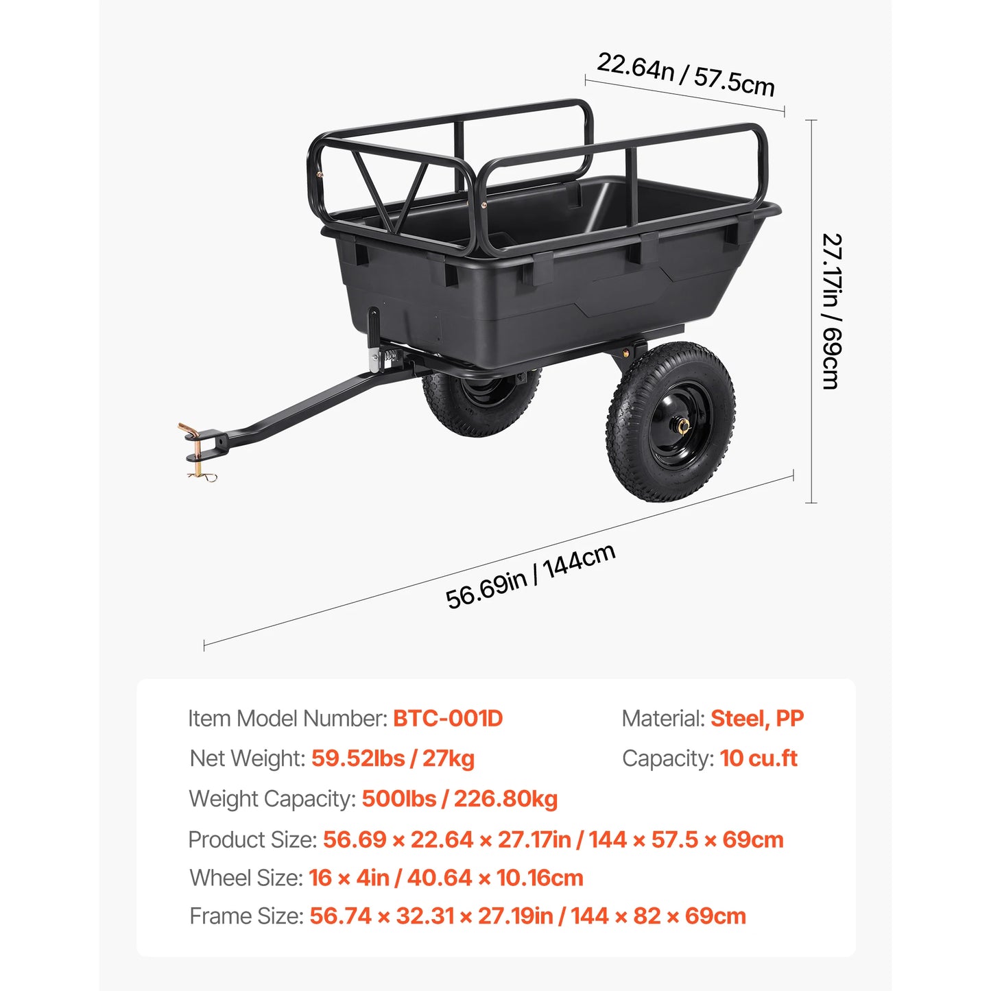 Tuinwagen – Aanhanger – Kar – Karretje – Kiepwagen – 10 Kubieke Voet Laadruimte – 226 Kg Draagvermogen - QUORE