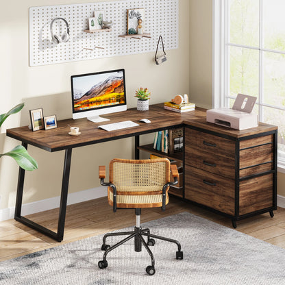 Bureau - Game Bureau - Hoekbureau - Gaming Bureau - 3 Lades - 53 Inch - L-Vormig Bureau - Reversibel Ontwerp - Computertafel - Industrieel Kantoormeubilair - Chocolade Afwerking