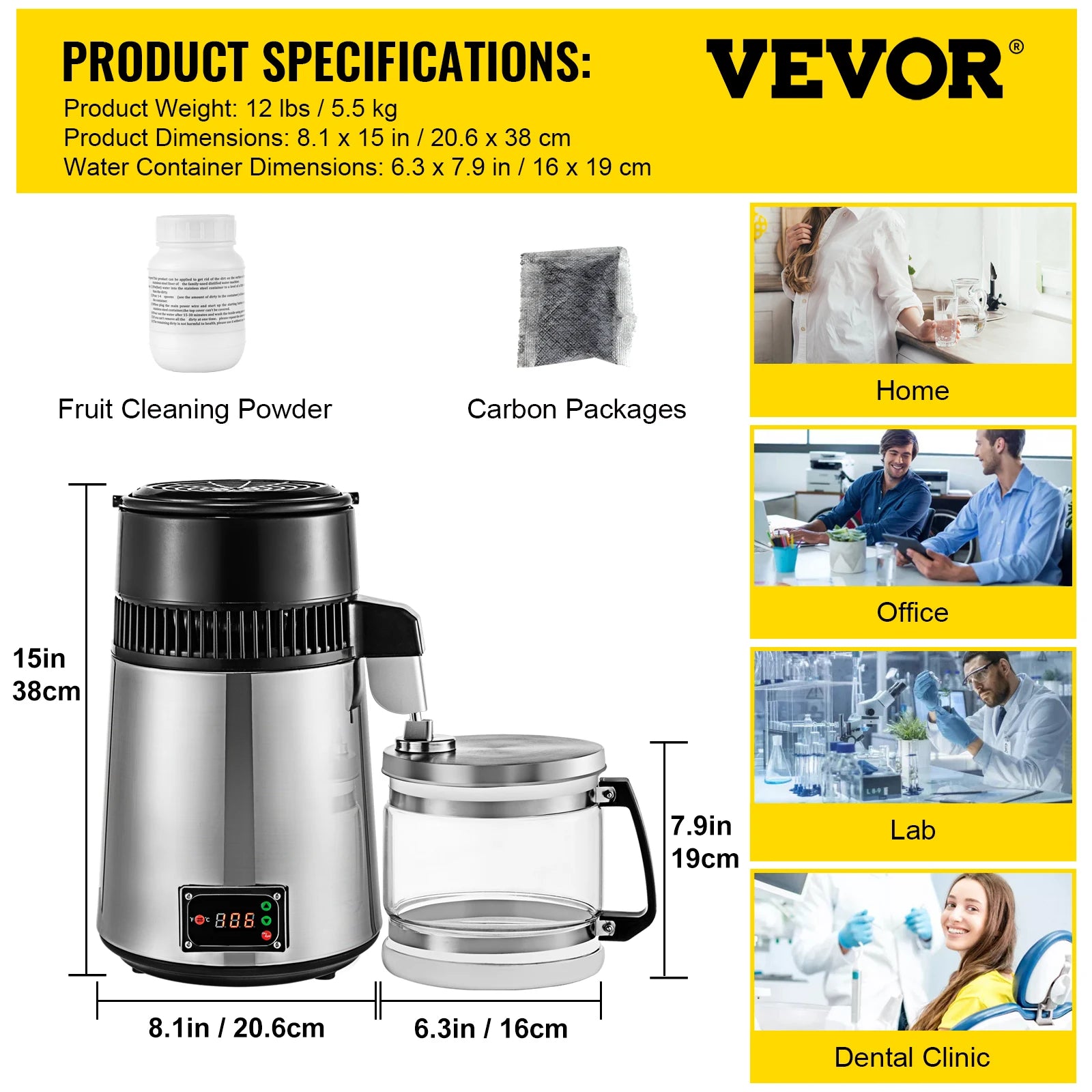 VEVOR 4L Water Distiller Purifier Filter Dispenser Drinking Bottle Softener Dual Temp Display Overheat Protection Home Appliance - QUORE
