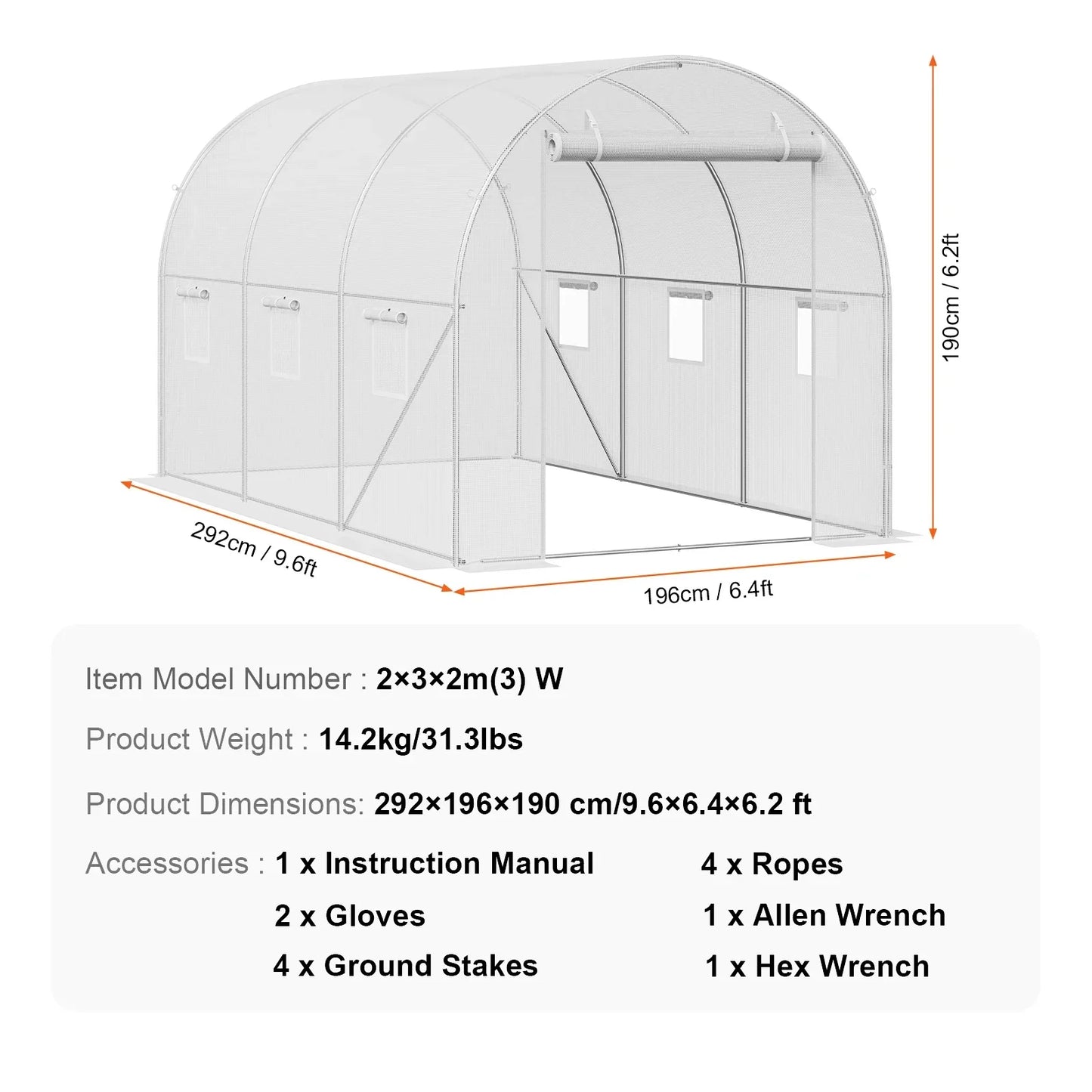 Walk-in Tunnelkas - Tuinkas - Tunnelserre - Grote - Stalen Frame - Weerbestendige - Plantenkas met Vensters - Voor Tuin - en Kleine Boerderij - 10x7x7ft - Wit